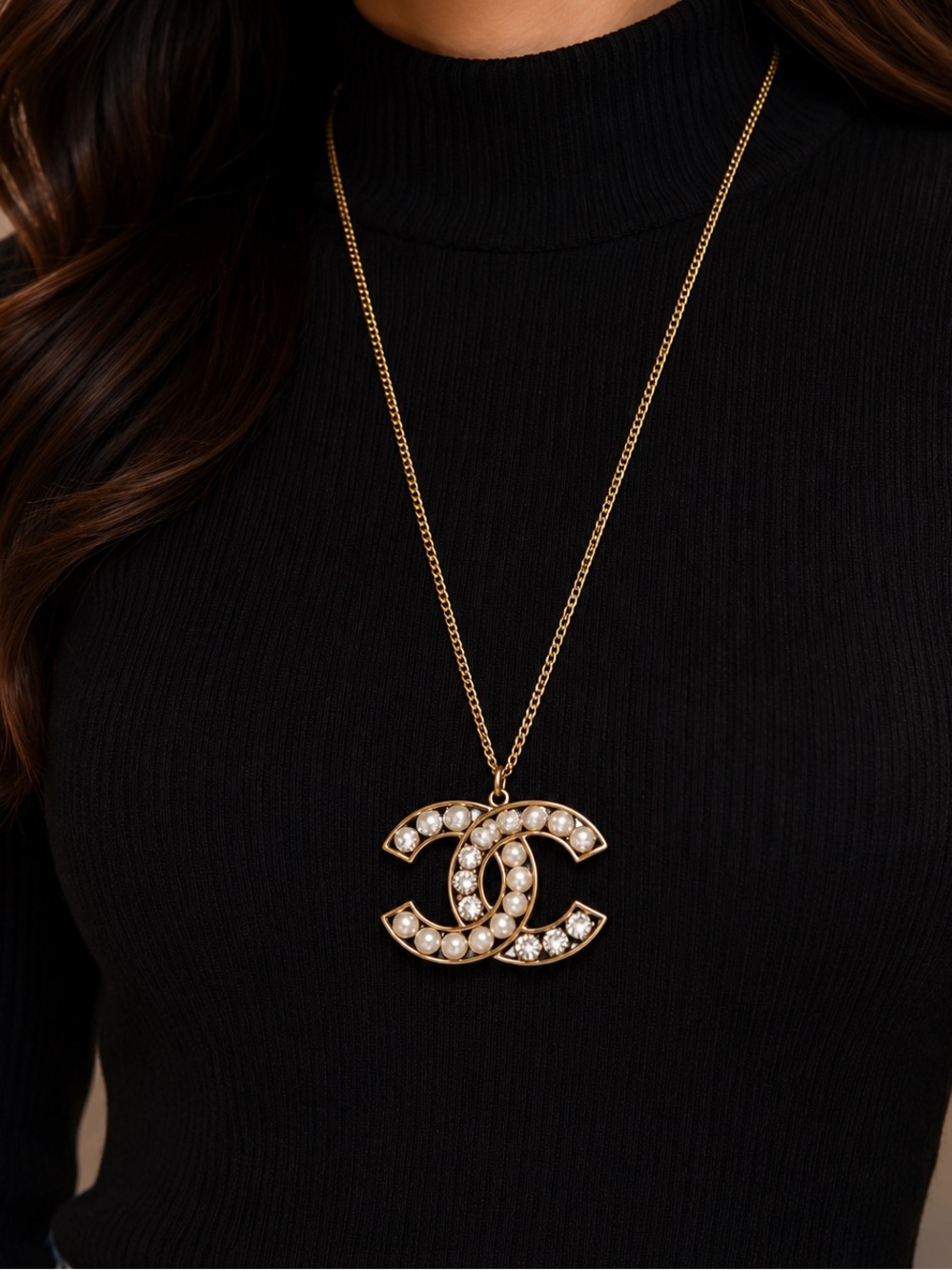Chanel Authentic Statement 2 inches Pendant Faux Pearl & Strass CC Long Necklace